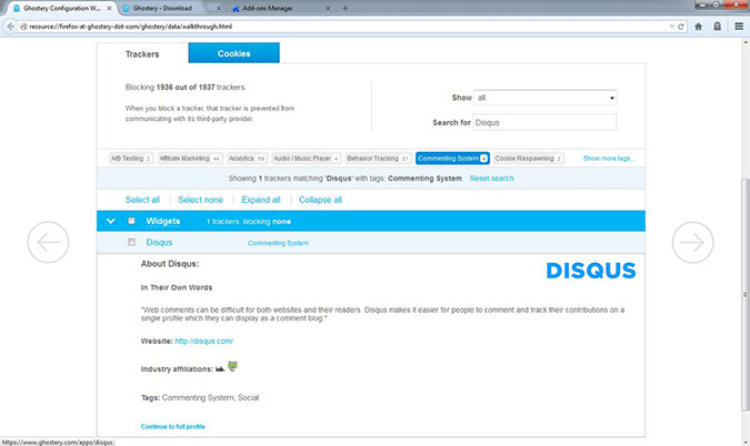 Ghostery showing details on Disqus